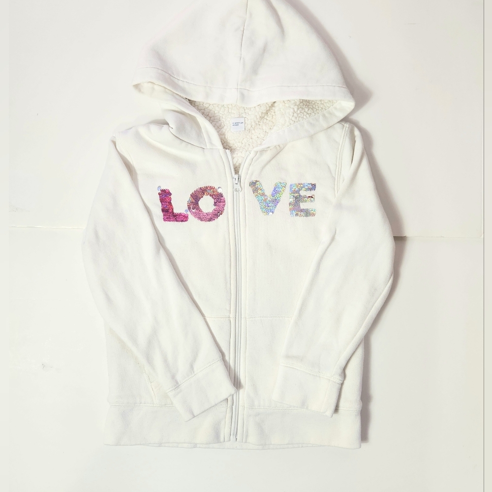 Old Navy White Hoodie with Colorful LOVE Flip Sequence Design Size: 8